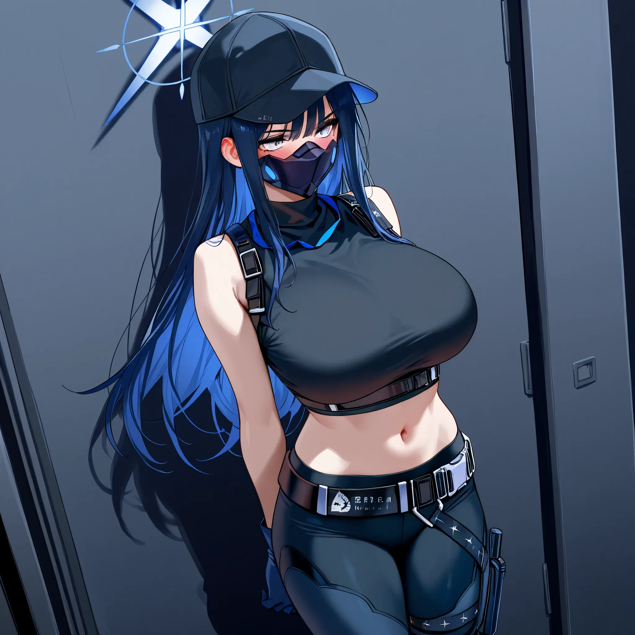 saori joumae, blue eyes, blue hair, halo, long hair, mask, mouth mask,
arms behind back:1.4), breast, (huge breast:1.15) (blush), 8k masterpiece, (1girl, solo)

bare arms, bare shoulders, belt, black headwear, black pants, black shirt, blue gloves, crop to...