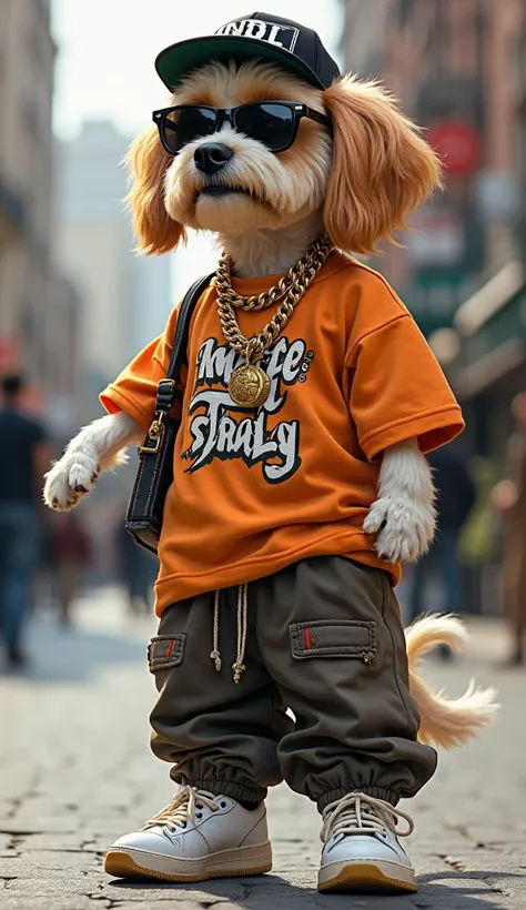 Imagine a cool dog with a big attitude, rocking the ultimate hip-hop and rap traditional outfit. The dog’s got a chunky gold chain around its neck, a snapback hat tilted to the side, and oversized baggy pants that almost drag on the floor. The shirt is a b...