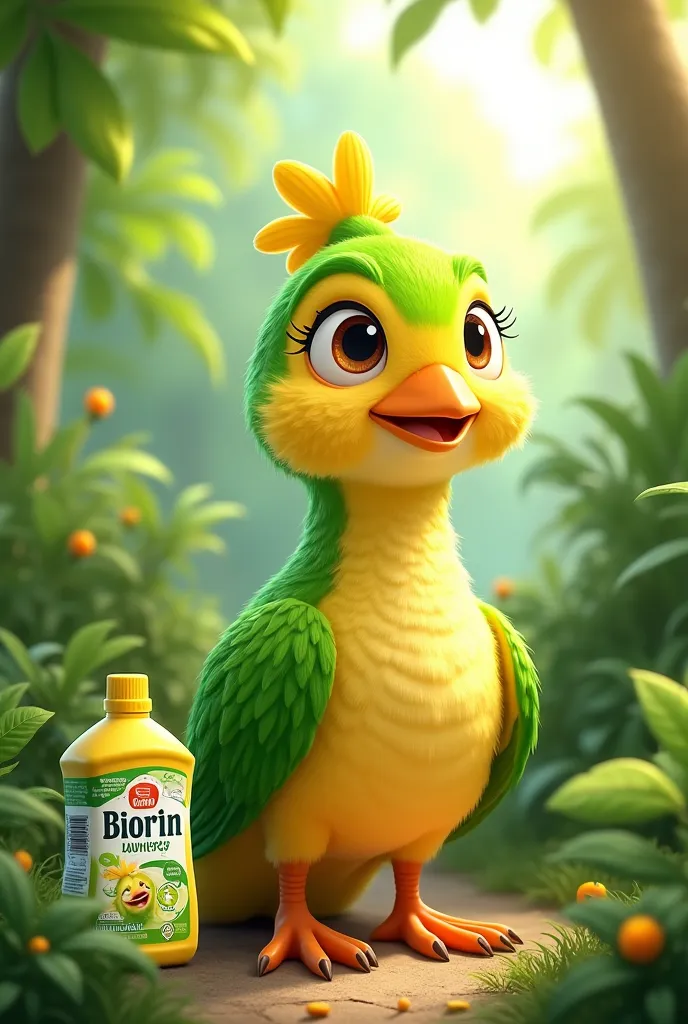 Create a pet or character related to a bird using the colors green and yellow
To promote the BIORIN laundry soap brand