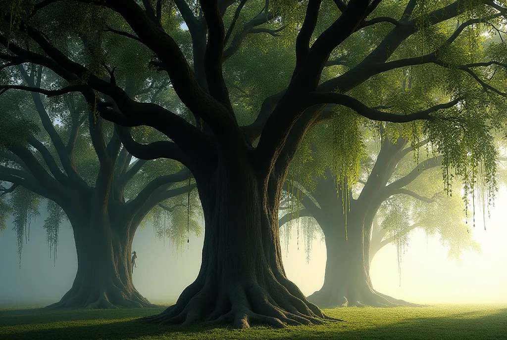 Three large sycamore trees with big steam, wide branches and a small leaves, the center tree is bigger than the others, Cinematic lighting, right side bright and the left side has a dark shadow, suspended ivy from branches to ground. High contrast