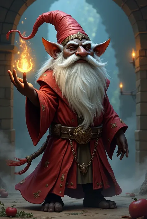 A black gnome , wide nose and dark skin, without mustache long beard and white hair, Dark red wizard clothes