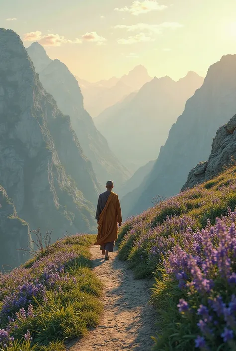 A lone monk travels on a small path through a mountain of salvia, the sunlight shining in front.  Peaceful scene , represents the journey of self-enlightenment and the search for truth.”