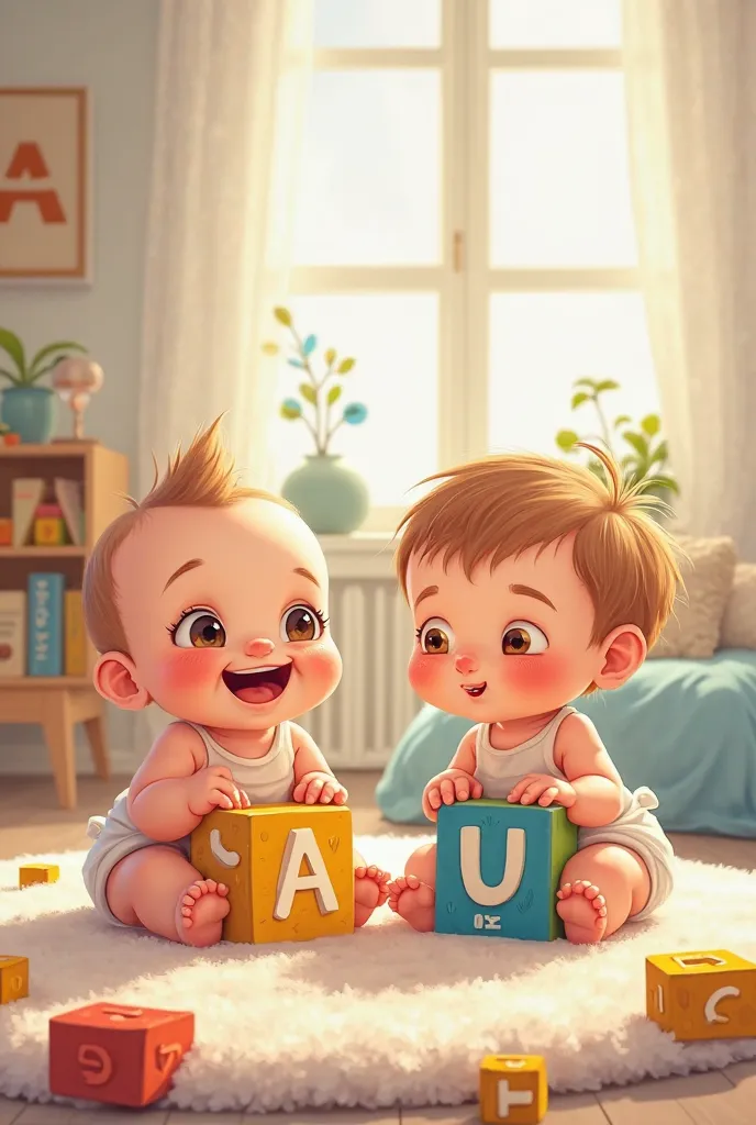 Two babies playing with blocks that say a and i or u .  in that same order  