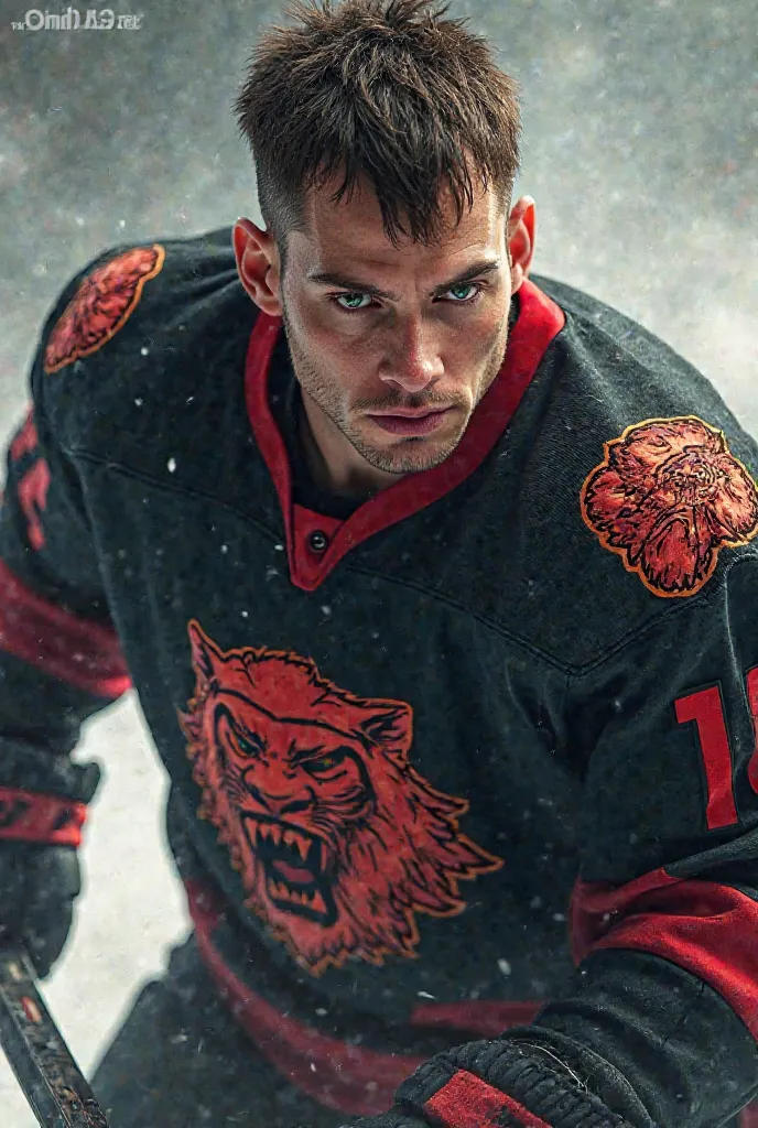 Hockey player, brown hair shaved on the sides, disheveled. Green irises with black pupils. Black and red outfit with a roaring lion in the middle