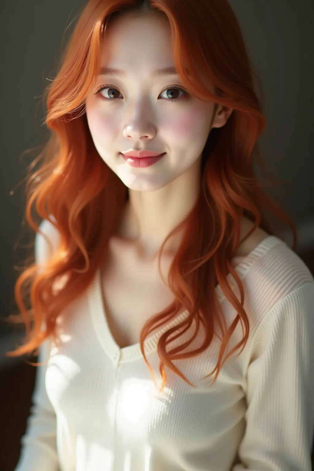 Professional Photo Shoot of Beautiful Women、Natural light shines beautifully on the subject、Cute 18-year-old Japanese with red hair、Small face、Well-balanced Contour、The skin is white and transparent,、There are few blemishes and dullness、, big eyes, and dou...