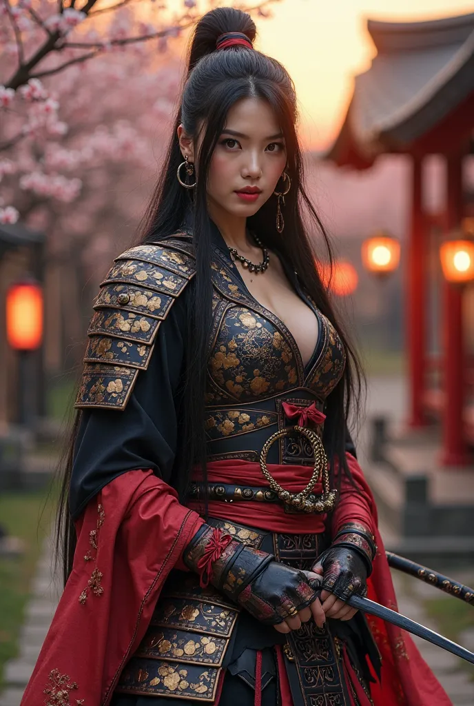 A stunning 30-year-old samurai woman with long, flowing black hair cascading down her back, standing confidently with a powerful yet alluring presence. She wears a form-fitting, intricately designed samurai armor that blends traditional Japanese craftsmans...