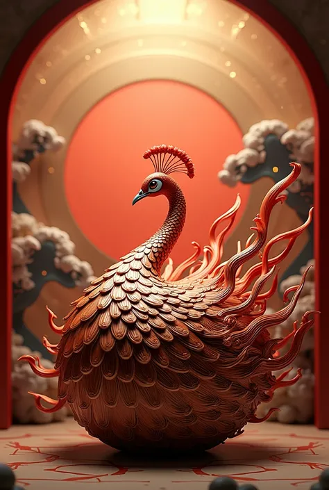 high quality peacock,gourd-shaped ocean wave background,has"Rui Qi Ying Door"Typeface,Peacock opens the screen,uniform light red in the middle of the gourd,chocolate color,gold gradient,Light gradient, black,White,4K,Highly Authentic,Professional grade ,vi...