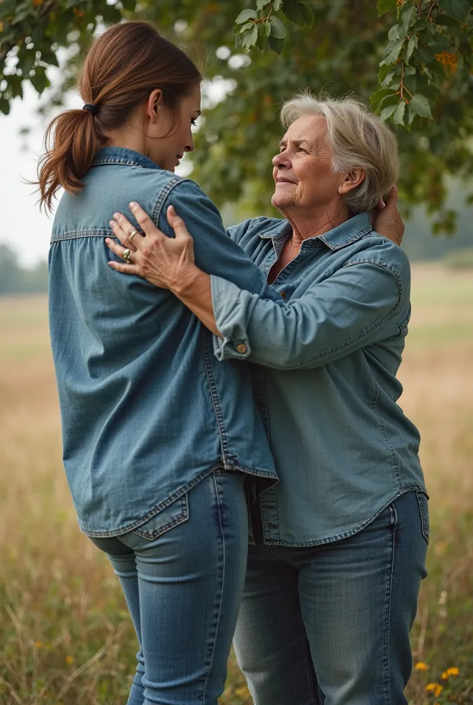  A country scene where the owner of a farm is a 65-year-old woman , tall and overweight of 1 . 87 with a big muscular back and muscular biceps . .  She wears cowboy boots , jeans,  shirt of Denim and tight jeans and she is so muscular that her wrist-length...