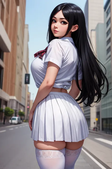 25 year old woman, cosplay, school girl, white stockings, plaid skirt, white shirt, tie, long black hair, standing, far shot, back turned