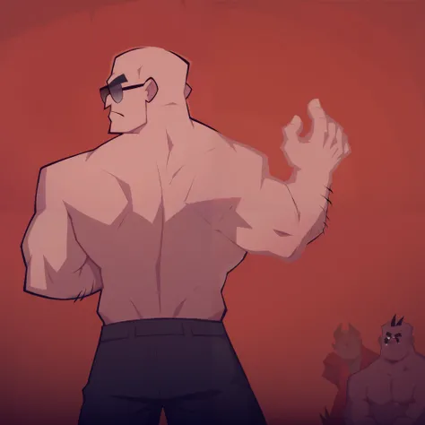 standing up,Sunglasses,bald man ,topless,helltaker style ,priest ,helltaker style,expressionless,pants, red background,Looking backwards, Looking back ,The act of greeting someone by stretching their arms upwards,open hand,five-fingered open hand,A human h...