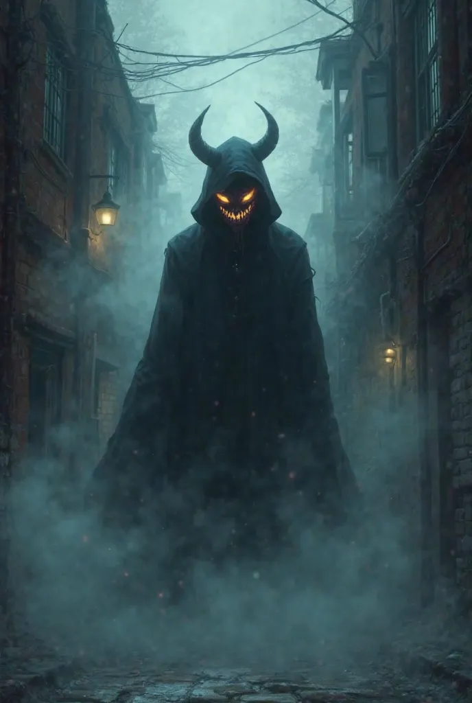 Prompt:
(A demonic shadow figure emerging from the mist, its face distorted into a creepy grin. The alley is dimly lit, making the scene ominous.) Anime manga style 