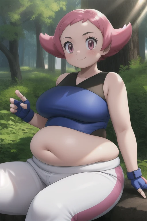 pkmnmaylene, 1girl, solo, pink eyes, pink hair, short hair, bangs,
blue leotard, white pants, track pants, fingerless gloves, blue gloves,
smile, closed mouth, cowboy shot, sitting,
forest,outdoor,
(insanely detailed, beautiful detailed face, masterpiece, ...