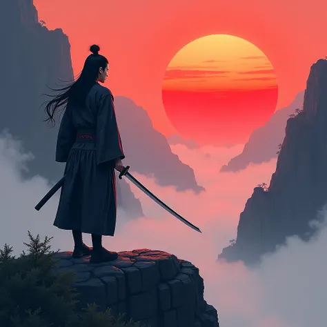 Anime Bakamond、Miyamoto Musashi、Steep mountains filled with fog、A samurai standing on a rocky rock、Samurai hold a sword in a scabbard on their hips, hold the handle with their hands, and wait for time、Long, unkempt hair is popular in the wind、Long hair bun...