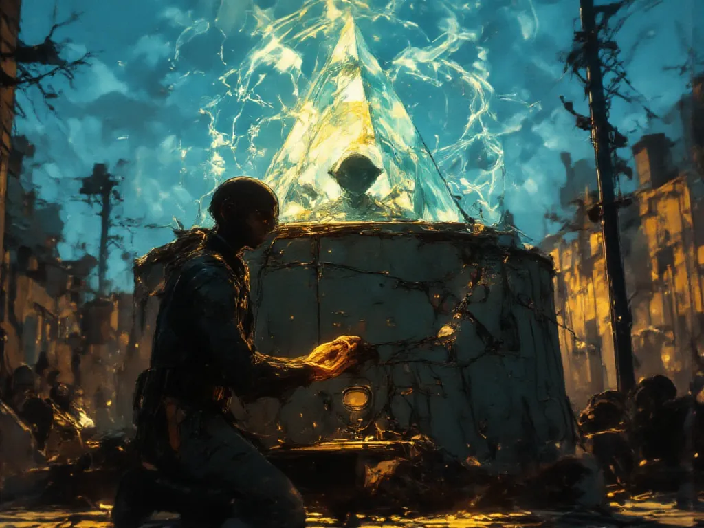 A triangular holographic prism floats serenely in a clear blue sky, its iridescent surface shimmering gently under the sun's warm light. The scene is grounded by a poignant moment: a soldier is kneeling, carefully holding open a gap in the barbed wire enci...