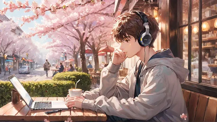  cafe terrace seat、 man studying、18 years old、headphones、 laptop、Cafe latte、cherry blossoms