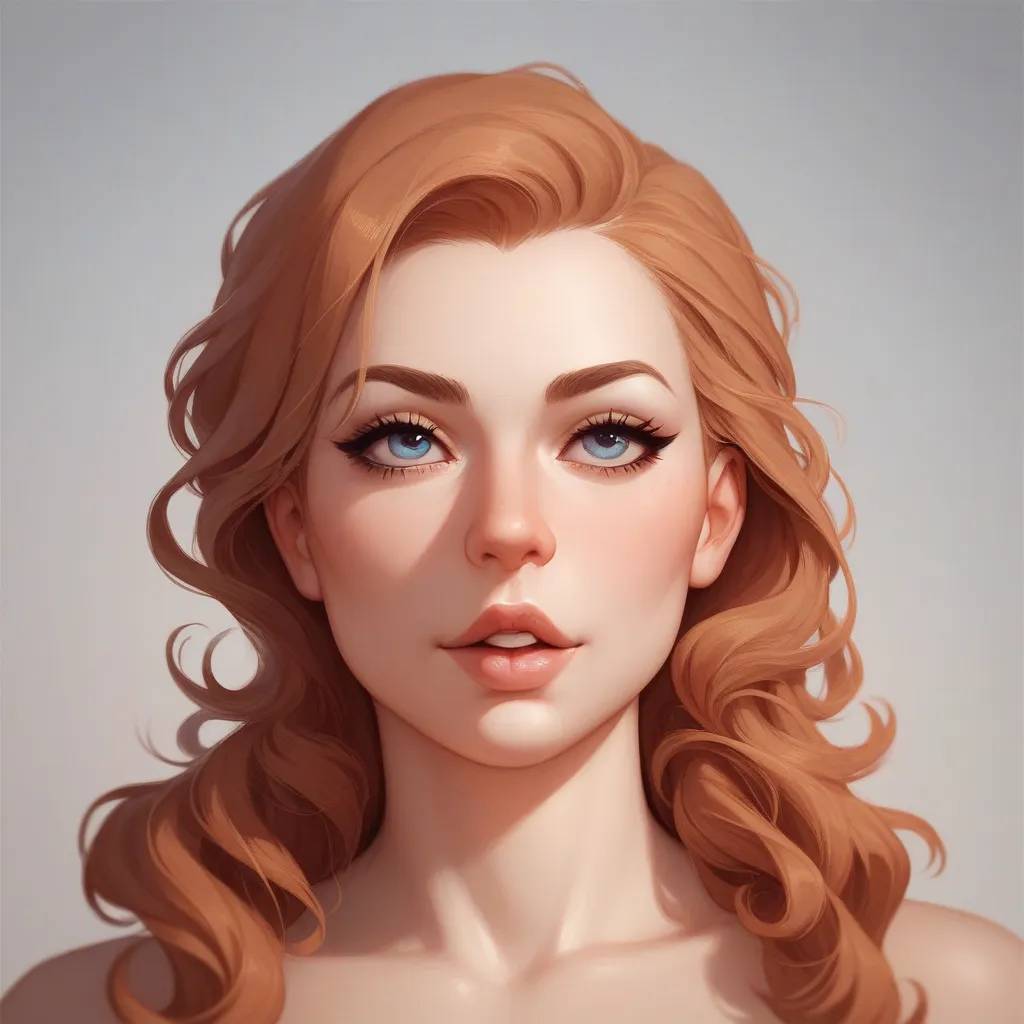 A detailed illustration highlighting the curvatures of the face, with well-defined cheekbones, slightly angled chin and a smooth and symmetrical facial contour. The nose is refined, with a delicate structure and a slight inclination. The lips are well prop...