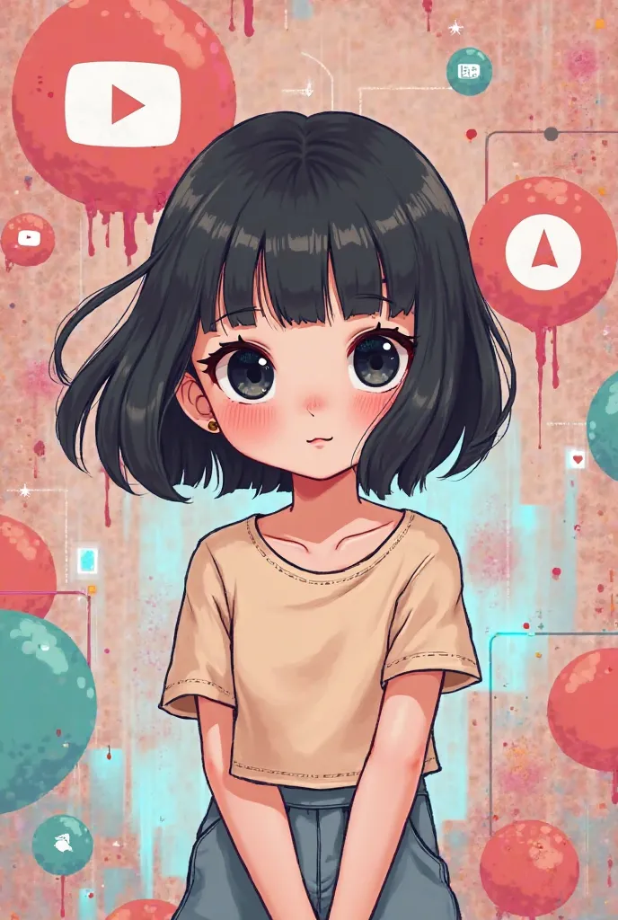 Female 2d doll with black hair and black eye and short sleeve outfit with YouTube icon background