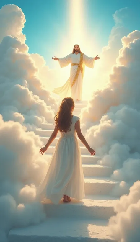 A divine and heavenly scene depicting a young girl dressed in a flowing white dress, gracefully ascending a grand staircase made of clouds. The staircase leads to a radiant figure resembling Jesus Christ, standing at the top with open arms, wearing a white...