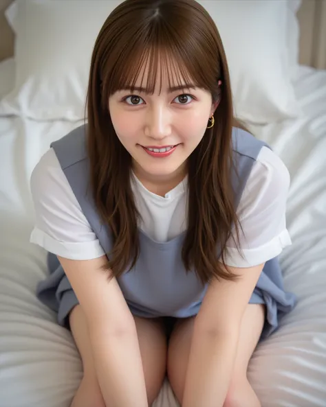 1 girl,(forcus   thighs) ,full body,from above,  sexy lip,  stare at the viewer , PALE SKIN,young girl,17yo,lying on bed, 【Inside Out】、Women's Bedroom ,((long hair)),    beautiful face ,魅惑的なsmile,(((Bent, rich,  thighs:1.5))),squats, Japanese Beauty ,Heise...