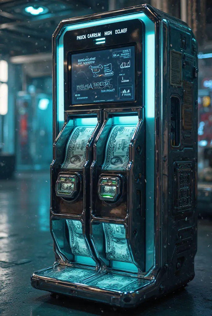 A futuristic money-sorting machine with a vertical input slot at the top. The machine has two output slots: one on the right labeled 'Halal Money' and one on the left labeled 'Haram Money'. The right side releases clean, bright bills, while the left side r...