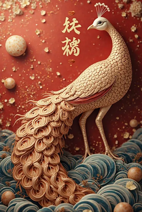 high quality peacock,gourd-shaped ocean wave background,plus gourd-shaped background。has"Rui Qi Ying Door"Typeface,Peacock opens the screen,Uniform gold tone，Light red,chocolate color,gold gradient,Light gradient, black,White,4K,Highly Authentic,Profession...