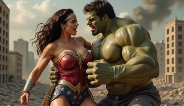 Create a dynamic, high-resolution 4K digital illustration of Wonder Woman, wearing her iconic red, blue, and gold armor with the star-spangled skirt, tiara, and lasso at her side, and the Hulk, a massive green-skinned, muscular figure, in a tense confronta...