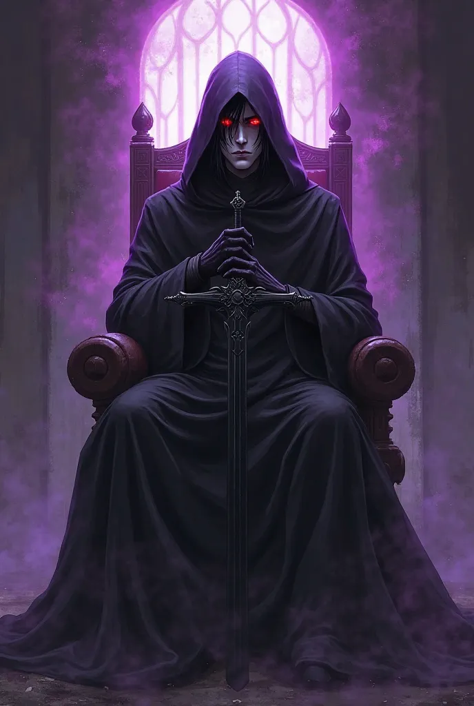 SHADOW black majority clothes and cape with purple aura black hoodie pale red eyes black hair black cross shaped sword stick into the ground and sit on chair anime Male