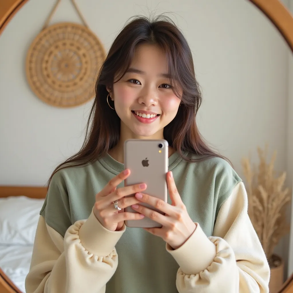 A young Asian woman, likely in her late s or early twenties, is seen from the mid-chest up, taking a selfie.  She has long, dark brown hair, and a light beige or cream colored, slightly oversized sweatshirt with a muted green and cream color block design. ...