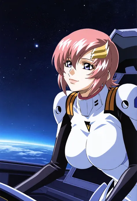 masterpiece,Highest quality,lacus_c, 1 girl, anime coloring, Alone,  short hair, pink hair, hair ornaments close to the garden,lacus helmet, hair between eyes, purple eyes, lipstick, lacus pilot suit, pink and white bodysuit,pilot gloves , shoulder armor, ...