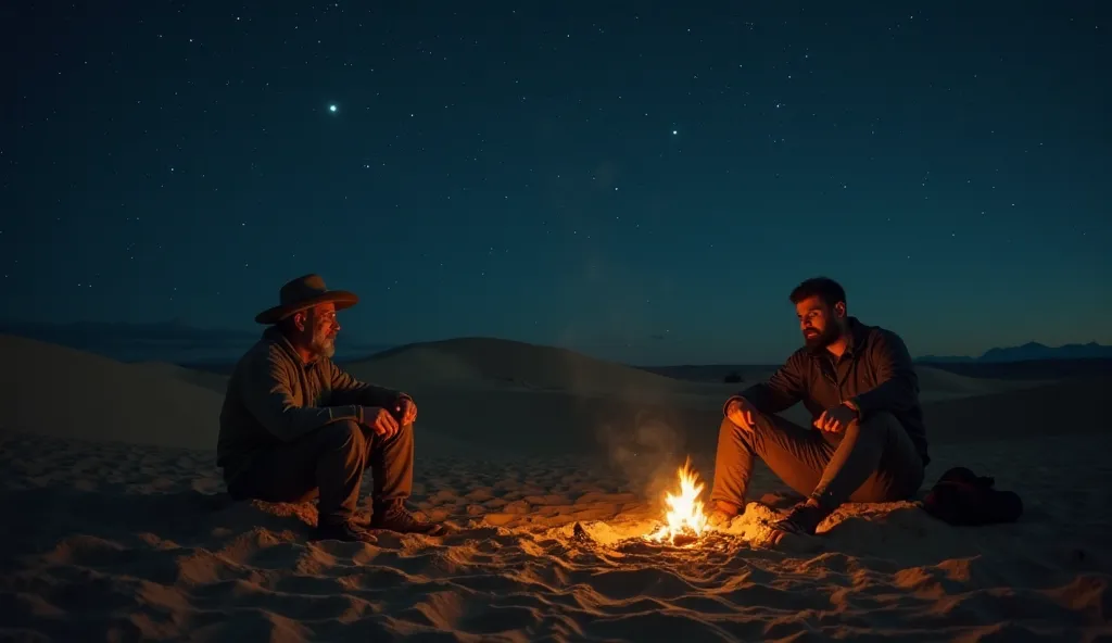 A quiet, cinematic scene at night, with the starry desert sky. Thomas, , and Hector, from 40 years ago, is seated around a small bonfire. Thomas observa as estrelas, THOUGHTFUL, while Héctor,  now stronger , looks at him with a look of gratitude.  The surr...