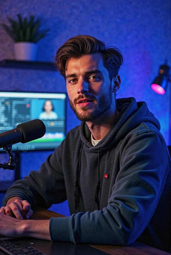 The picture shows a young YouTuber with realistic features, with elegant hair and a light beard. He wears professional casual clothes that suit content creators. He sits in a fully equipped YouTube studio, surrounded by blue and purple LED lighting that gi...