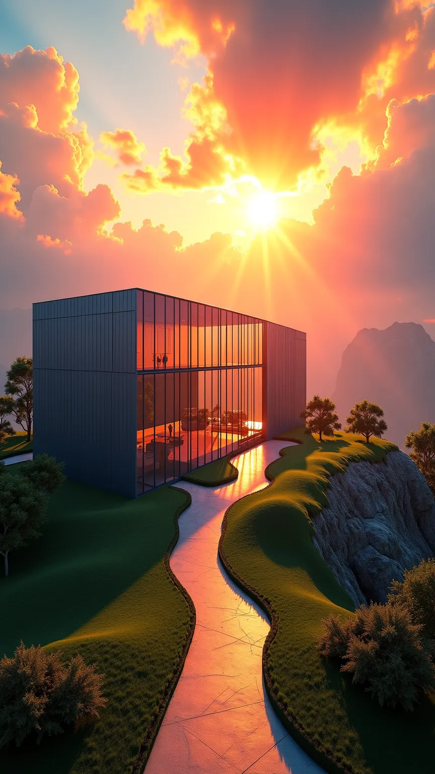 A breathtaking glass building showcasing modern architecture with angular design, reflecting the vibrant orange glow of a sunset against dramatic clouds. Nestled in a mountain landscape adorned with lush greenery and a manicured lawn, a concrete path leads...