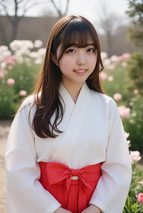 masterpiece, best quality, Cinematic photo, Japanese 18-year-old girl (semi long black straight hair, bangs reaching to eyebrows, straight hair, swaying hair, side fringe, Brown eyes), Complete Anatomy, Complete Hands, traditional shrine maiden attire, con...