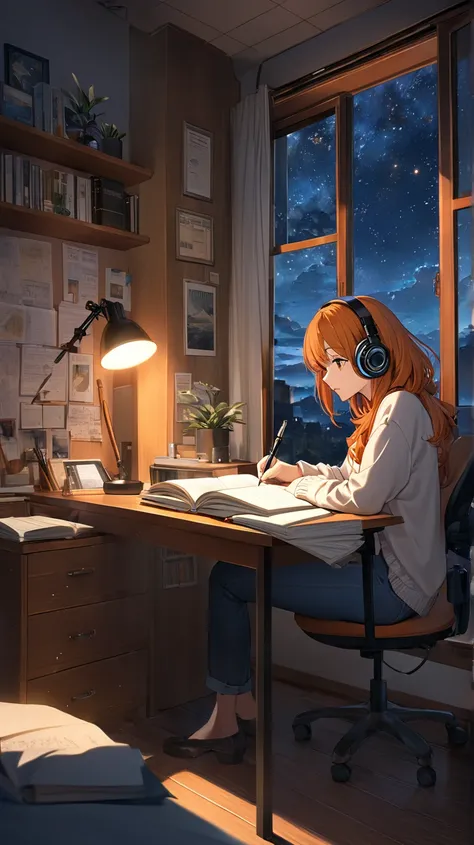 １７A woman about the age of、night、 studying at my desk in my room、looking at a notebook、I'm writing with a pen、Realistic stars can be seen in the window、 I can see my upper body、Headphones on ears、 room light is orange with image quality like、With image qua...