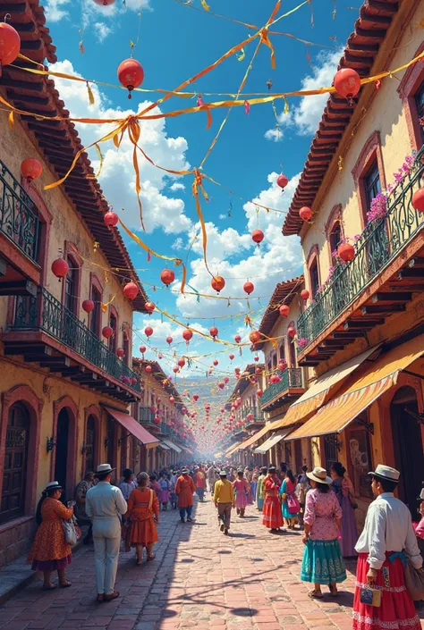 Street in the city of Cusco Peru with carnival motifs hanging on the streets hanging balloons and serpentine ribbons in sky blue