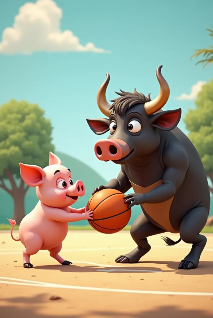 Make an image of a pig passing basketball to a human-looking bull 