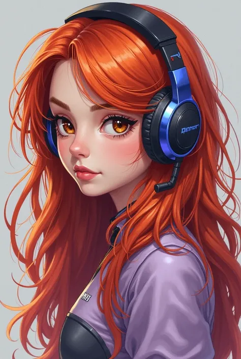 girl with gamer headphones, red hair, brown eyes and dressed in lilac clothes 