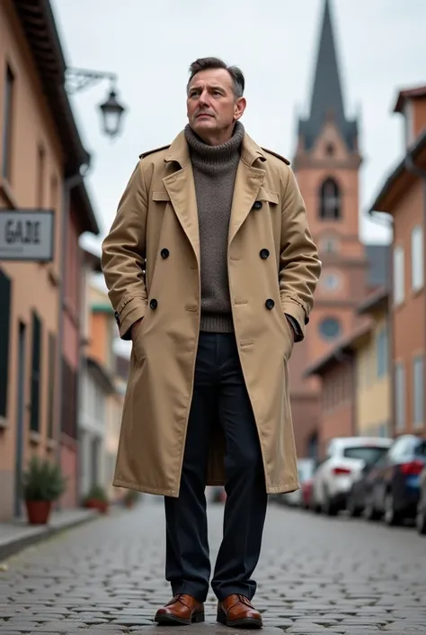 An ultra-realistic photographic image of a middle-aged man,  tall and slim build ,  without a beard, dark hair brushed back and slightly crimped, handsome and well preserved, appears full-bodied wearing a beige trench coat and brown shoes and sweater, can ...