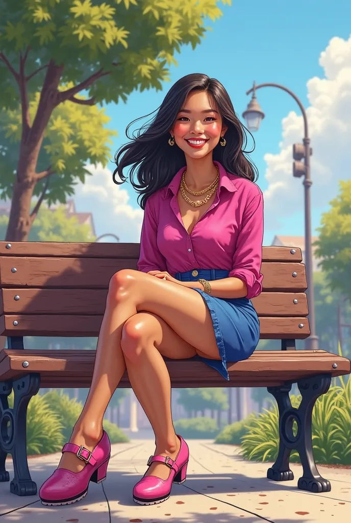 Tip: A very lovely  beautiful Asian American woman being happy alone on a bench in Downtown San Diego in the sun..The illustration is a high definition illustration with 4k resolution., with highly detailed facial features and cartoon style visuals, fuchsi...