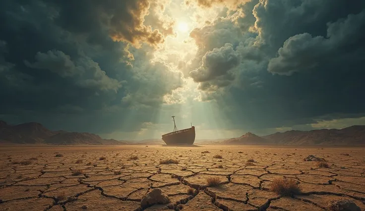 A image that represents the moment when God announces the arrival of the great flood to destroy all life on Earth. The scene shows a desolate and arid landscape, with the earth cracked and dry, that symbolizes the judgment that is about to be unleashed. Da...