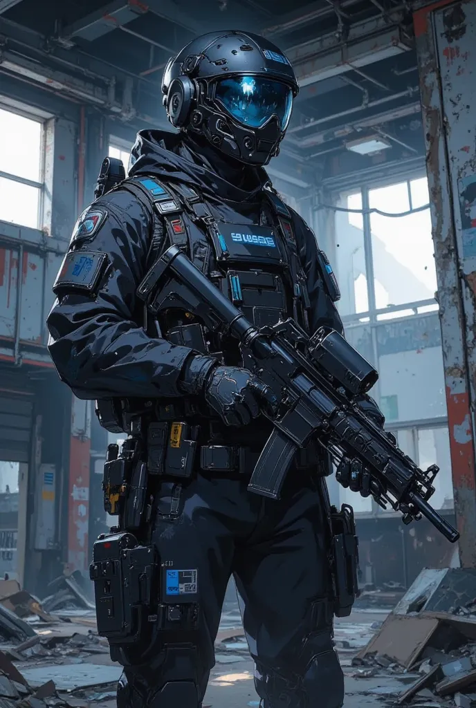 a soldier wearing a full gear of black and dark blue color, holding an awm while standing inside an abandoned building. He watch outside waiting for the enemy. Make it anime style with realistic look, with cyberpunk colour grading. Realistic light