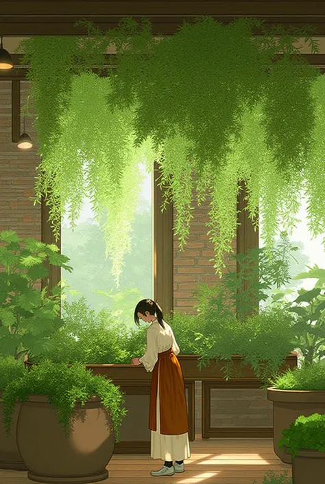 ar311,a serene indoor garden scene. A beautiful asian woman, dressed in a traditional outfit consisting of a light-colored top and a long brown skirt, is tending to a variety of lush green plants. The garden is enclosed by a wooden structure with large win...