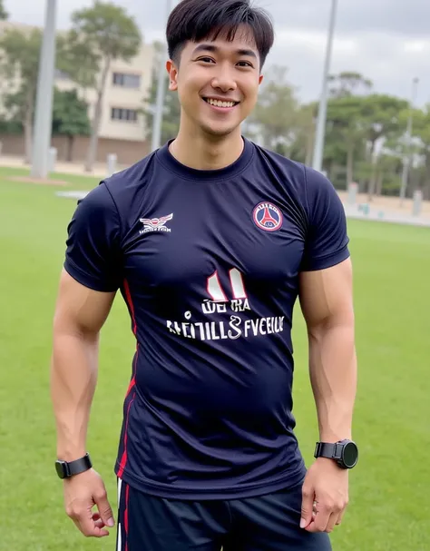 One Korean man wears Paris Saint football shirt for the 2021-22 season ,Big arm muscles,  tight breasts ,  muscle bundle,  round neck fit neck shirt. , (((Big arm muscles,  tight breasts ,  muscle bundle, ))), ((( sports pants .  stares at the camera with ...