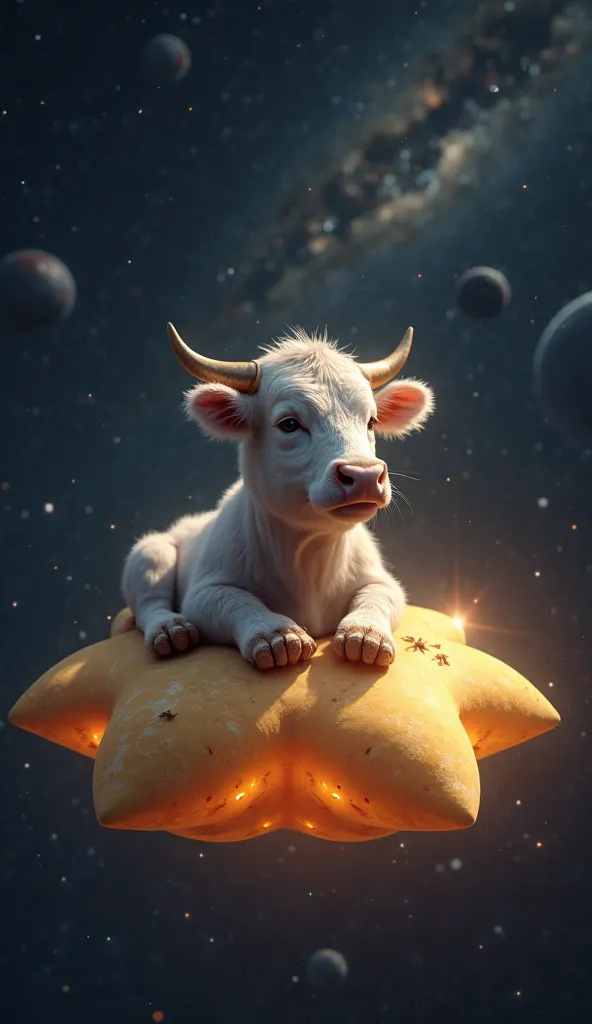 **" An ultra realistic cow , with detailed and textured fur, is sitting calmly on a star floating in the vast outer space. The visual star, softly illuminating the cow with its natural light, floats in the infinity of the cosmos, creating a serene and ench...