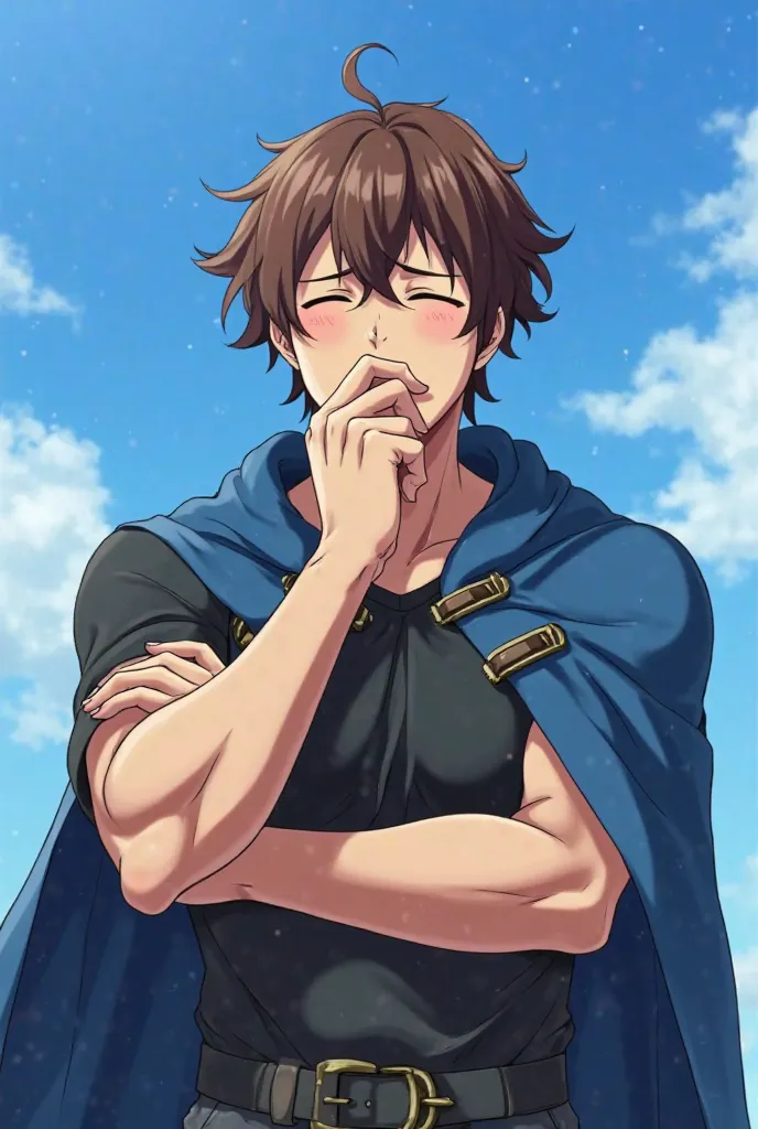  Anime style. Anime 25 year old muscular guy with brown hair. It's against the blue sky. He covers his mouth with his hand and yawns because he's bored. The guy is wearing a blue magic cloak, the guy is bored