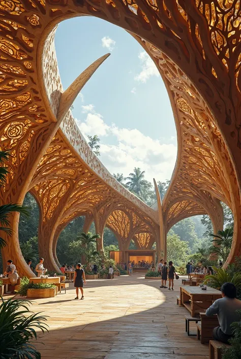 
a mariposa inspired event pavilion please make it futuristic and rood should made of wood please make it nice connect to philippines
