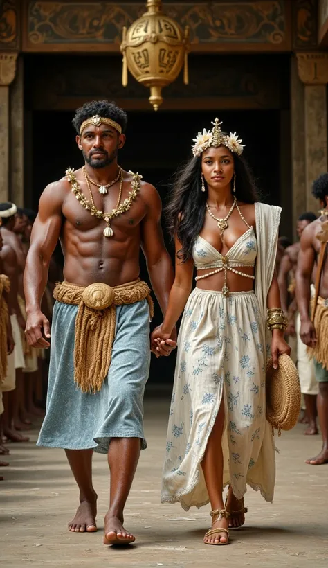 A handsome Fijian king and a beautiful queen, both 30 years old, walk with regal confidence through the grand halls of their 13th-century island palace, exuding power, wisdom, and noble grace.

The king has a strong, chiseled face, deep brown eyes filled w...