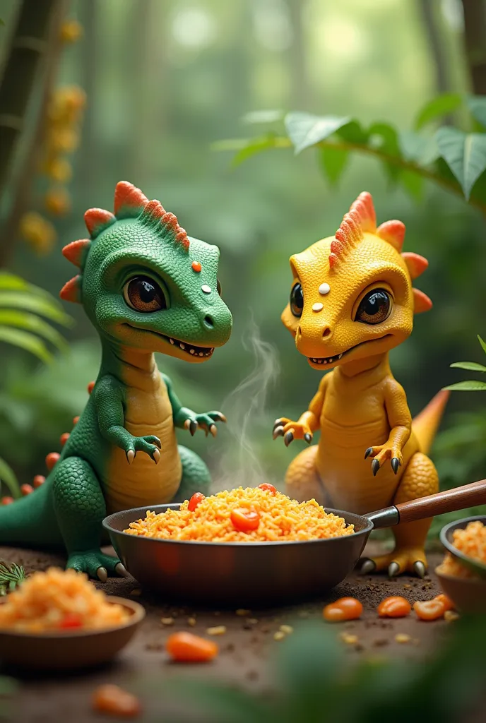 Dark Green Baby Dinosaur Cooking Fried Rice With Yellow Baby Dinosaur