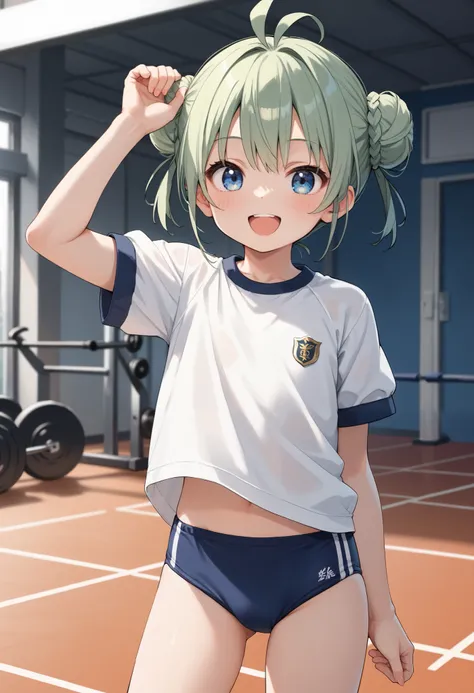 score_9, score_8_up, score_7_up, BREAK source_anime, rating_safe, best quality, masterpiece, uncensored, 1girl, mi4ir0,blue eyes, green hair, short hair, hair bun, double bun, ahoge,antenna hair ,flat chest,happy,(white gym shirt, short sleeve,gym uniform,...