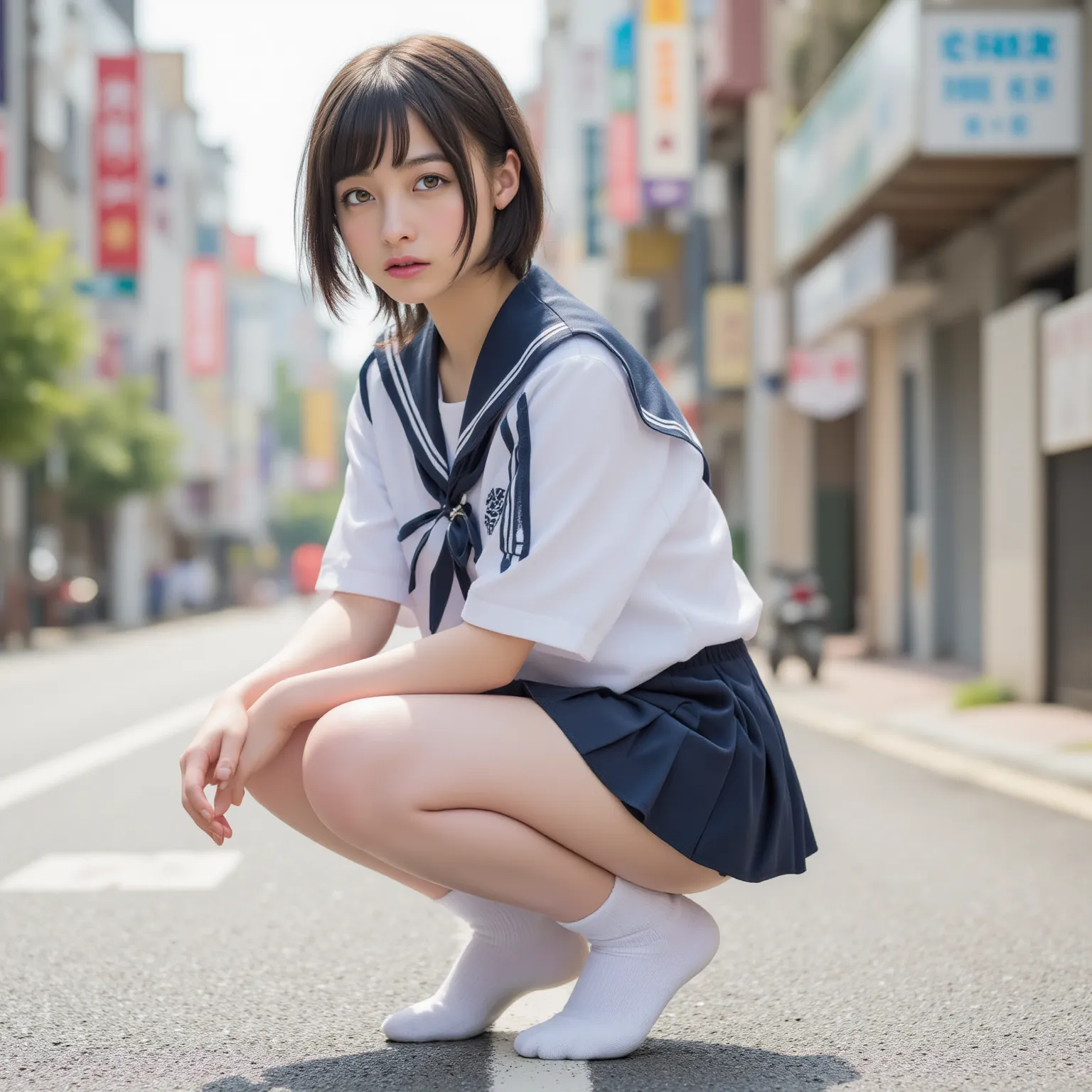 High Resolution,   accurate, 解剖学的に  accurate, high detail, very detailed, textured skin, cute、Big Breasts、1 girl, natural light 、uniform、miniskirt、Nikon, navy blue pleated skirt、female high school students、 Crouch、 Shining thighs 、 I'm on the road 、 I can ...